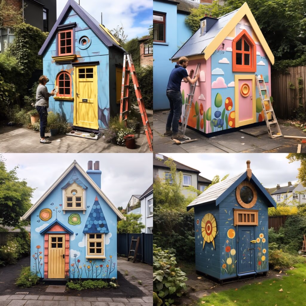 Freshly painted wooden playhouse in a Dublin back garden with child-safe colour finishes