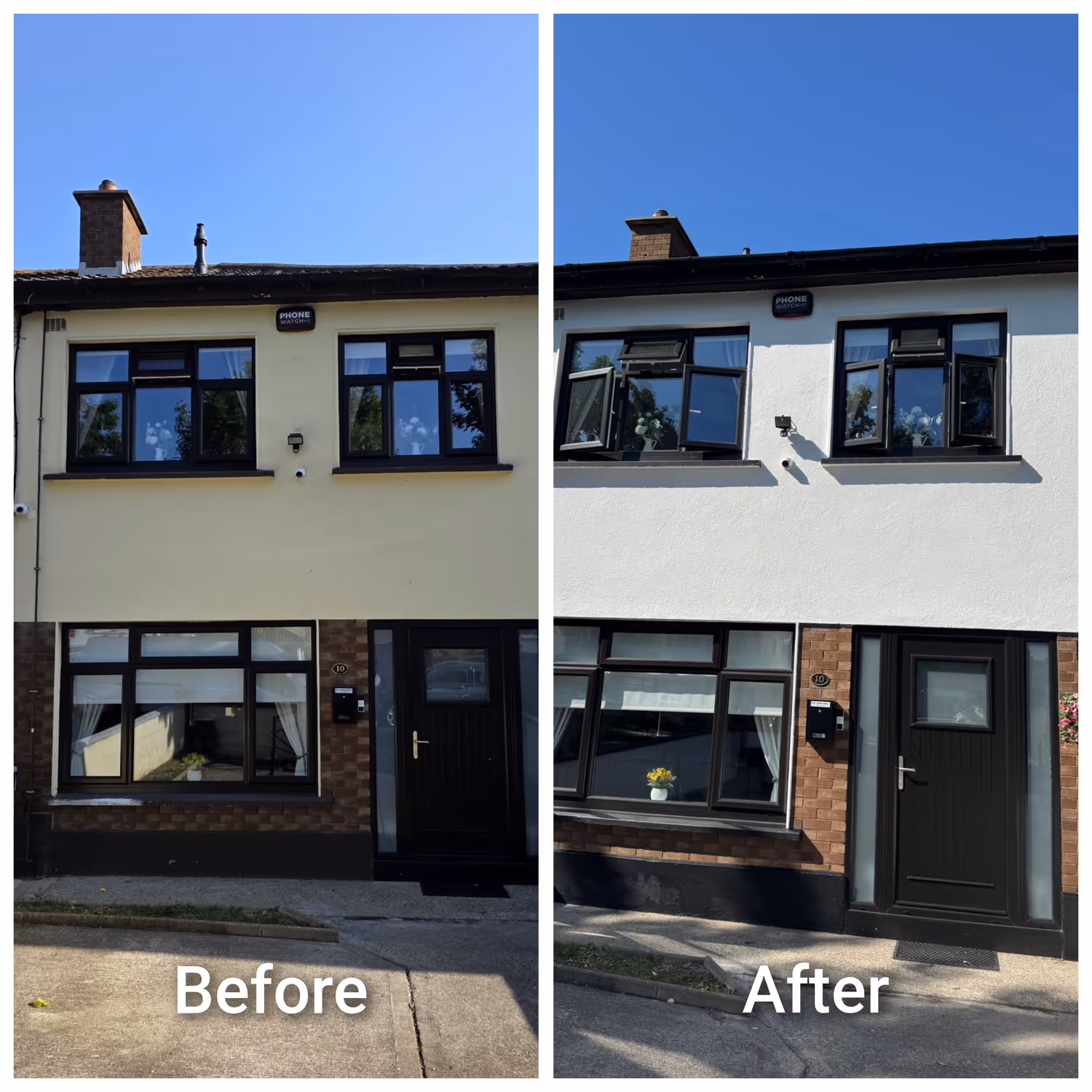 Before and after of a full exterior repaint in Dublin — tired cream masonry refreshed to a crisp white finish with black window trims