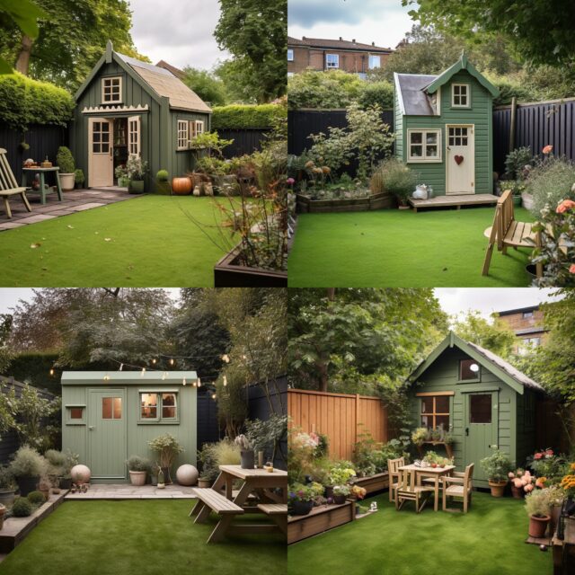 A Dublin house backyard with a wooden playhouse painted in Natural Greens color