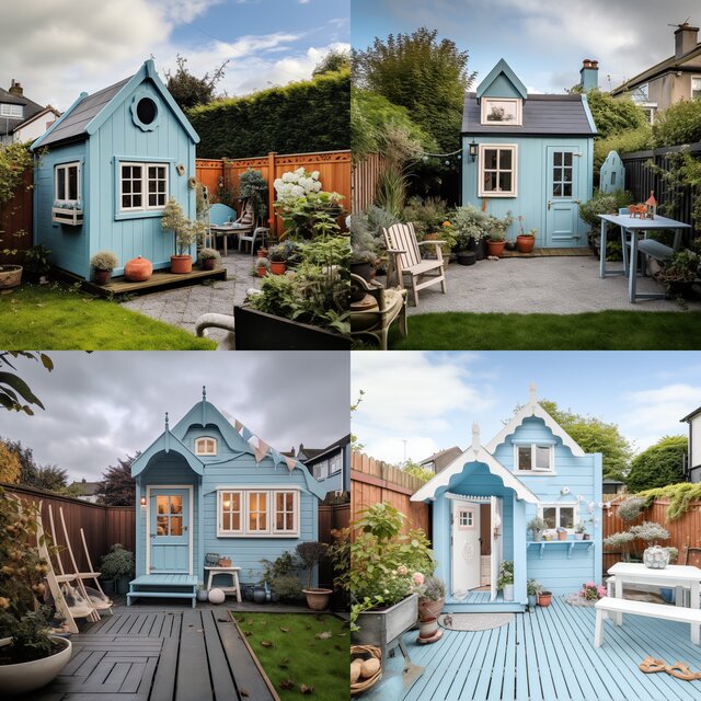 A Dublin house backyard with a wooden playhouse painted in Sky Blues color