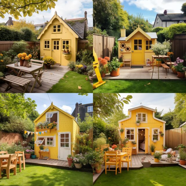 A Dublin house backyard with a wooden playhouse painted in Sunny Yellows color